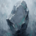 Slate and teal wabi sabi abstract art print featuring an asymmetrical weathered stone in a serene mineral landscape