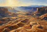 Honey and ultramarine earth tone wall art print featuring a layered desert valley landscape for elegant interiors