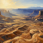 Honey and ultramarine earth tone wall art print featuring a layered desert valley landscape for elegant interiors