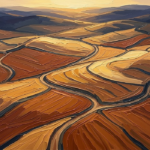 Honey and ultramarine earth tone wall art print featuring abstract aerial fields and rolling terrain patterns for elegant interiors