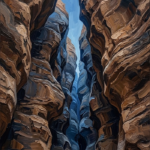 Walnut and blue earth tone artwork print featuring a towering sandstone canyon with layered rock textures and dramatic shadows
