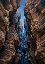 Walnut and blue earth tone artwork print featuring a towering sandstone canyon with layered rock textures and dramatic shadows