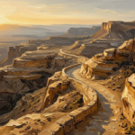 Antique gold luxe earth tones artwork print featuring an ancient desert pathway with layered sandstone formations