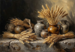 Antique gold luxe earth tones artwork print featuring dried wheat bundles and aged ceramic vessels on a textured surface