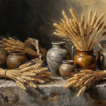 Antique gold luxe earth tones artwork print featuring dried wheat bundles and aged ceramic vessels on a textured surface
