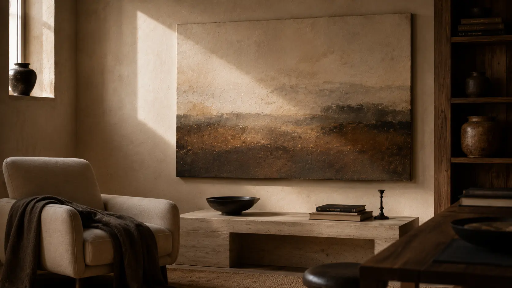 Architectural wall art in a refined interior with stone, walnut and soft natural light