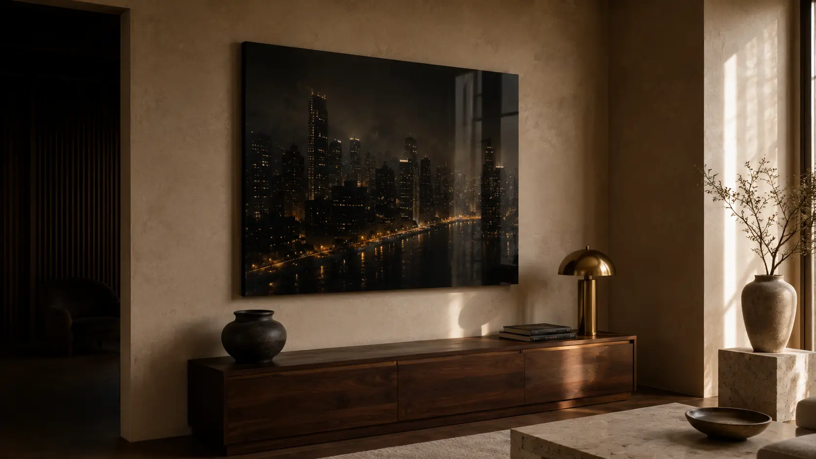 Textured wall art in a warm living room with natural materials and soft light