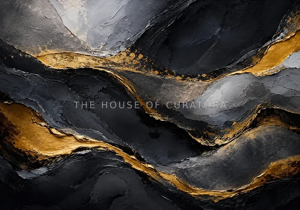 Charcoal and gold black and gold abstract wall art print featuring flowing waves and luminous accents for elegant interiors