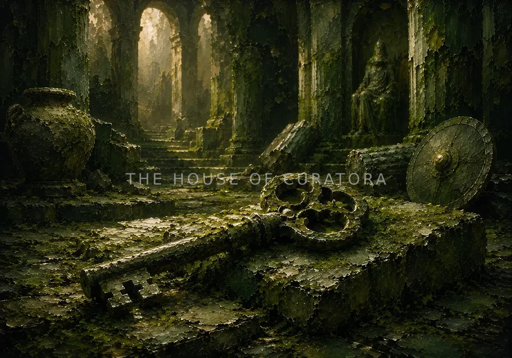 Mossbound Procession Ancient Key Half-Covered In Moss Green Entryway Wall Art