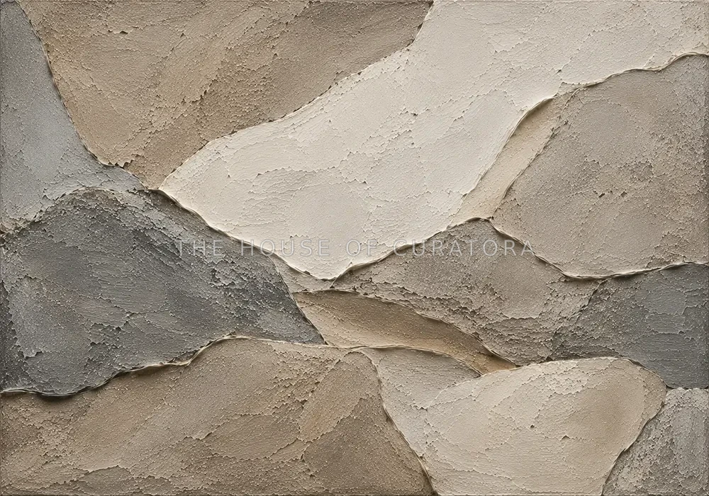 Gray Wabi Sabi Wall Art print featuring layered stone forms and mineral textures inspired by natural geology for elegant interiors
