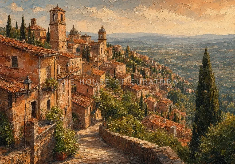 Clay and moss cityscape wall art print featuring an Italian hill town with stone buildings, rooftops, and valley views for elegant interiors