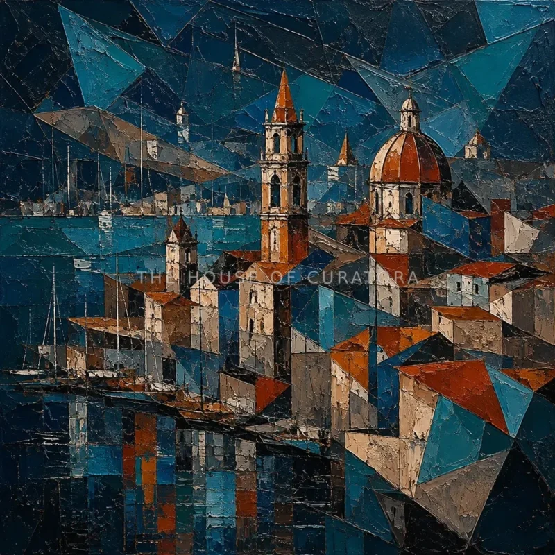Prussian and rust cityscape abstract art print featuring geometric harbor architecture, rooftops, and layered waterfront forms for elegant interiors