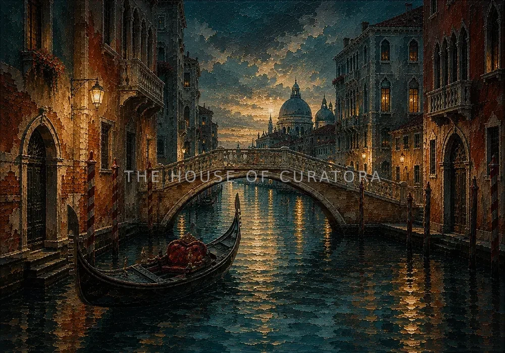 Venetian Lagoon Venice Wall Art featuring empty gondola beneath a carved stone bridge for refined interiors