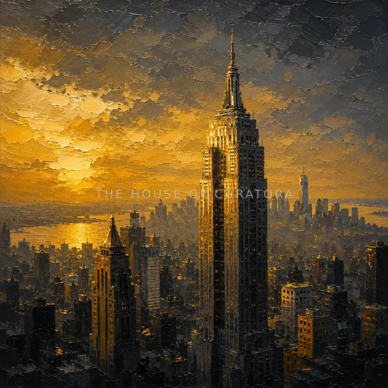 Gilded Metropolis New York City Wall Art featuring Art Deco skyscraper rising through evening haze for refined interiors