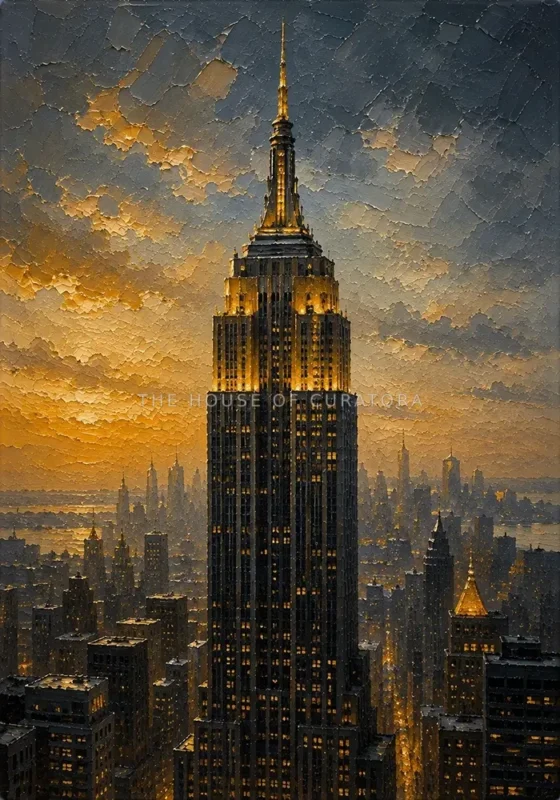 Gilded Metropolis New York City Wall Art featuring Art Deco skyscraper rising through evening haze for refined interiors