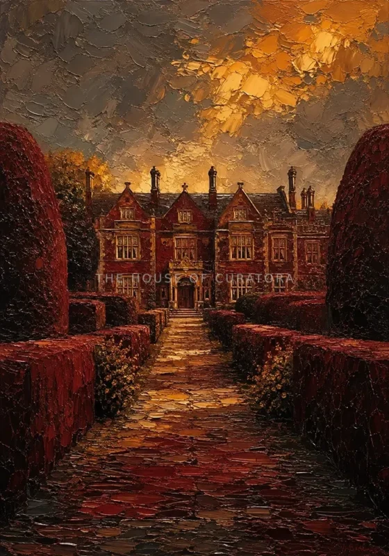 Manor Merlot English Manor Wall Art featuring symmetrical manor facade beyond clipped yew hedges for refined interiors