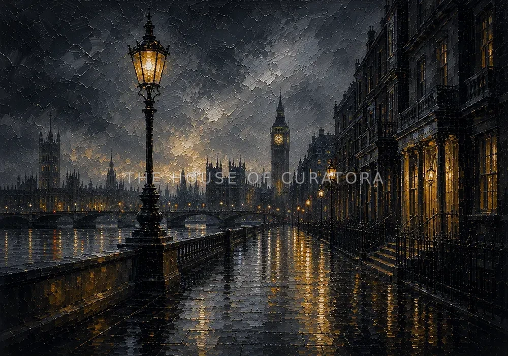 London Gaslight London Wall Art featuring solitary gas lamp glowing beside Georgian facades for refined interiors