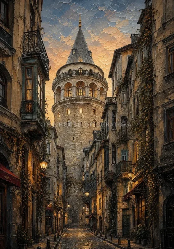 Galata Tower historic street vertical Istanbul art