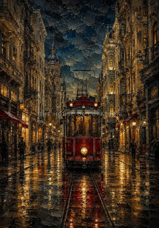 Istiklal Avenue red tram after rain wall art
