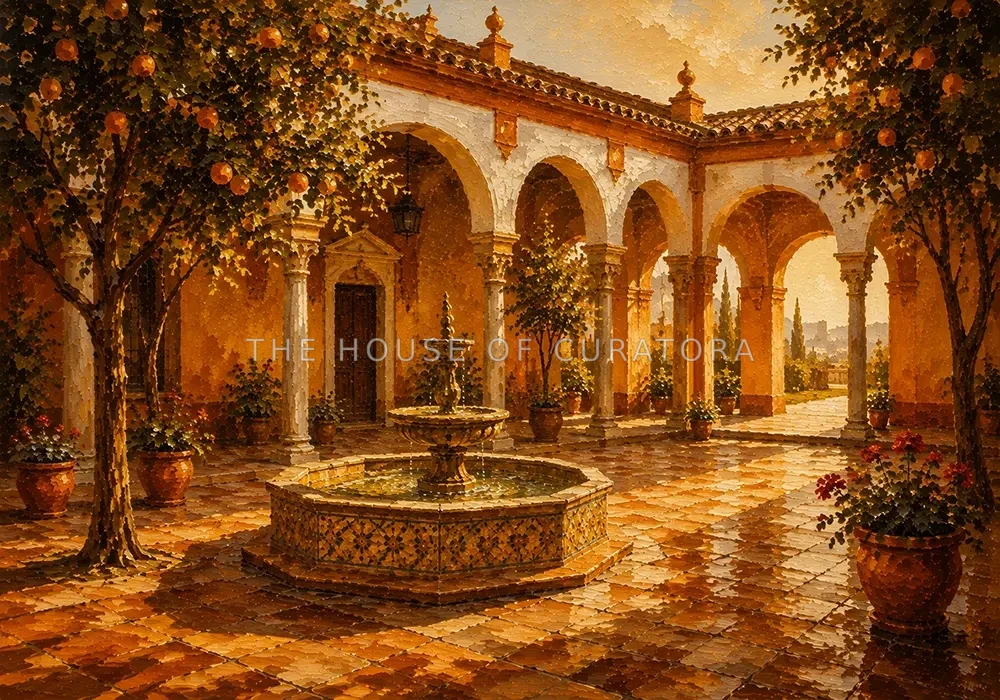 Andalusian Ochre Andalusian Wall Art featuring tiled fountain beneath orange trees and white arches for refined interiors