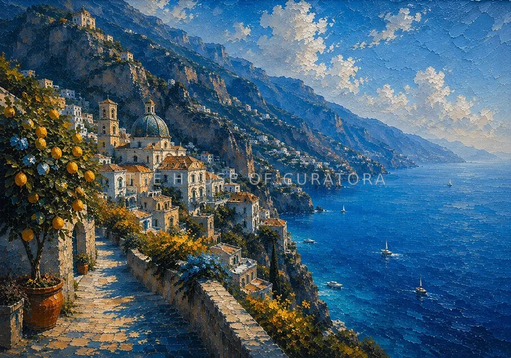 Amalfi Azure Amalfi Coast Wall Art featuring cliffside village descending toward sapphire water for refined interiors