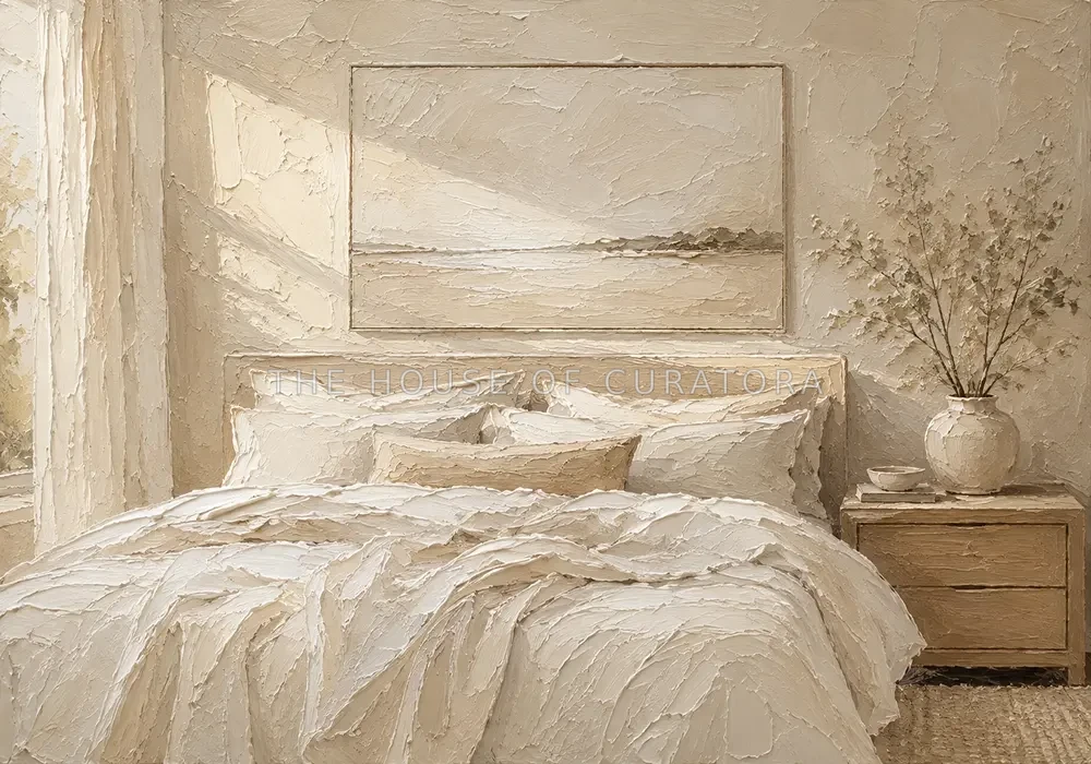 Quiet Horizon Bed Serene Neutral Bedroom Wall Art Canvas Print