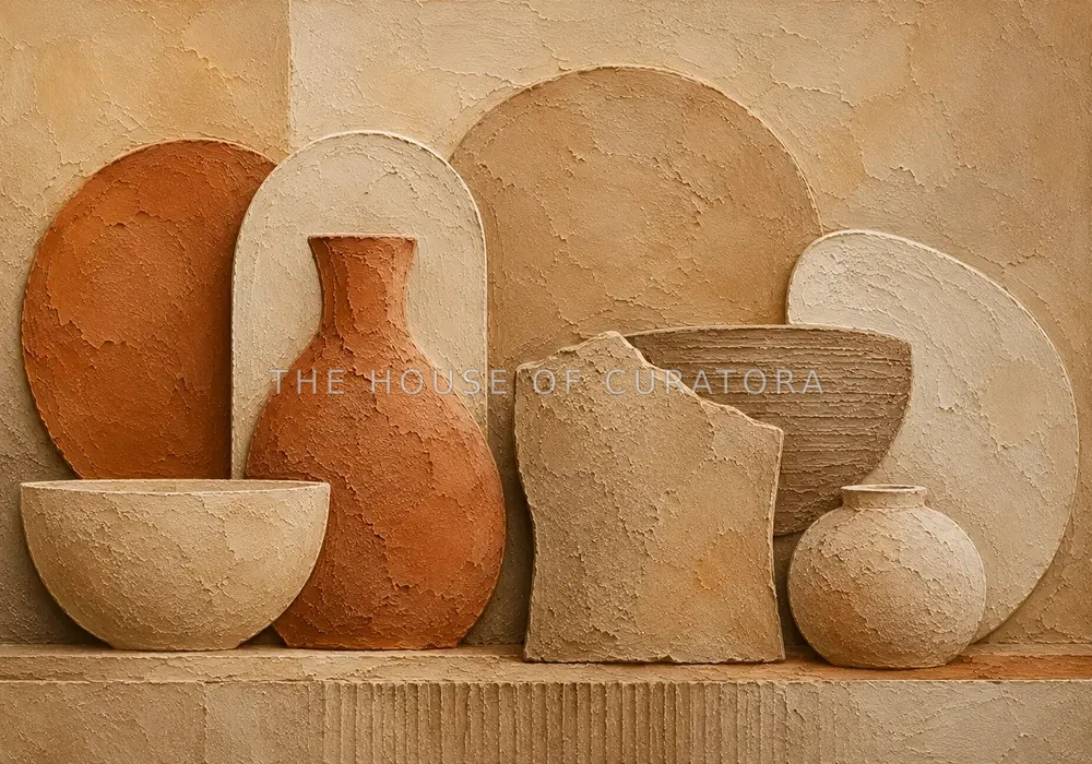 Warm Wabi Sabi Wall Art print featuring organic clay forms and ceramic textures for elegant interiors