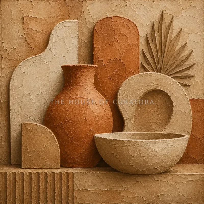 Warm Wabi Sabi Wall Art print featuring organic clay forms and handcrafted ceramic textures for elegant interiors