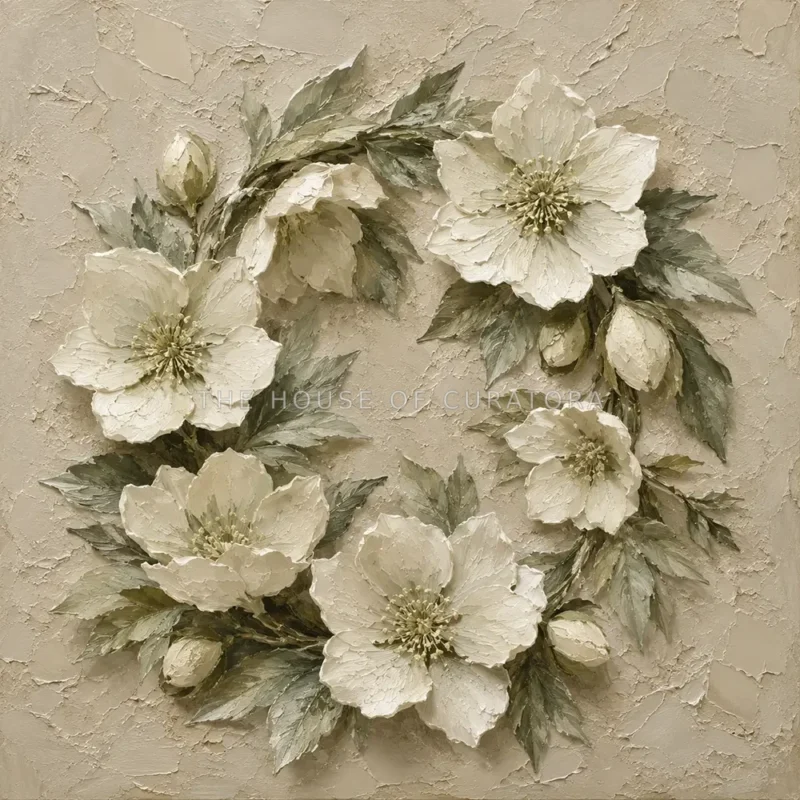 Ivory Hellebore Wreath Botanical Bedroom Wall Art Canvas Print